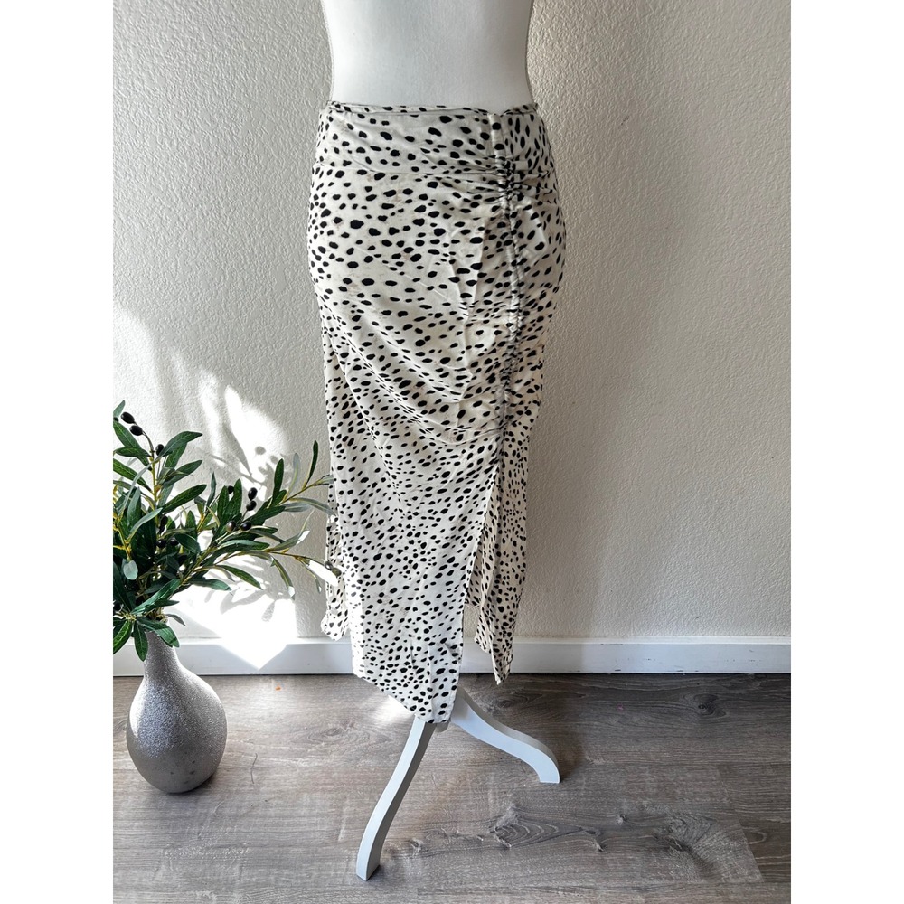 Cider Dalmatian Print Ruched Midi Skirt Black Cream Side Slit Size M